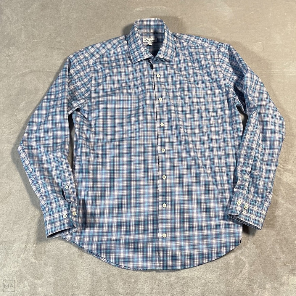 Peter Millar Men's Button Up Shirt Plaid Office Preppy Casual‎ L Blue/White